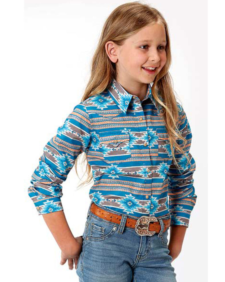West Made Girls Blue Aztec Snap Long Sleeve Western Shirt Country Outfitter