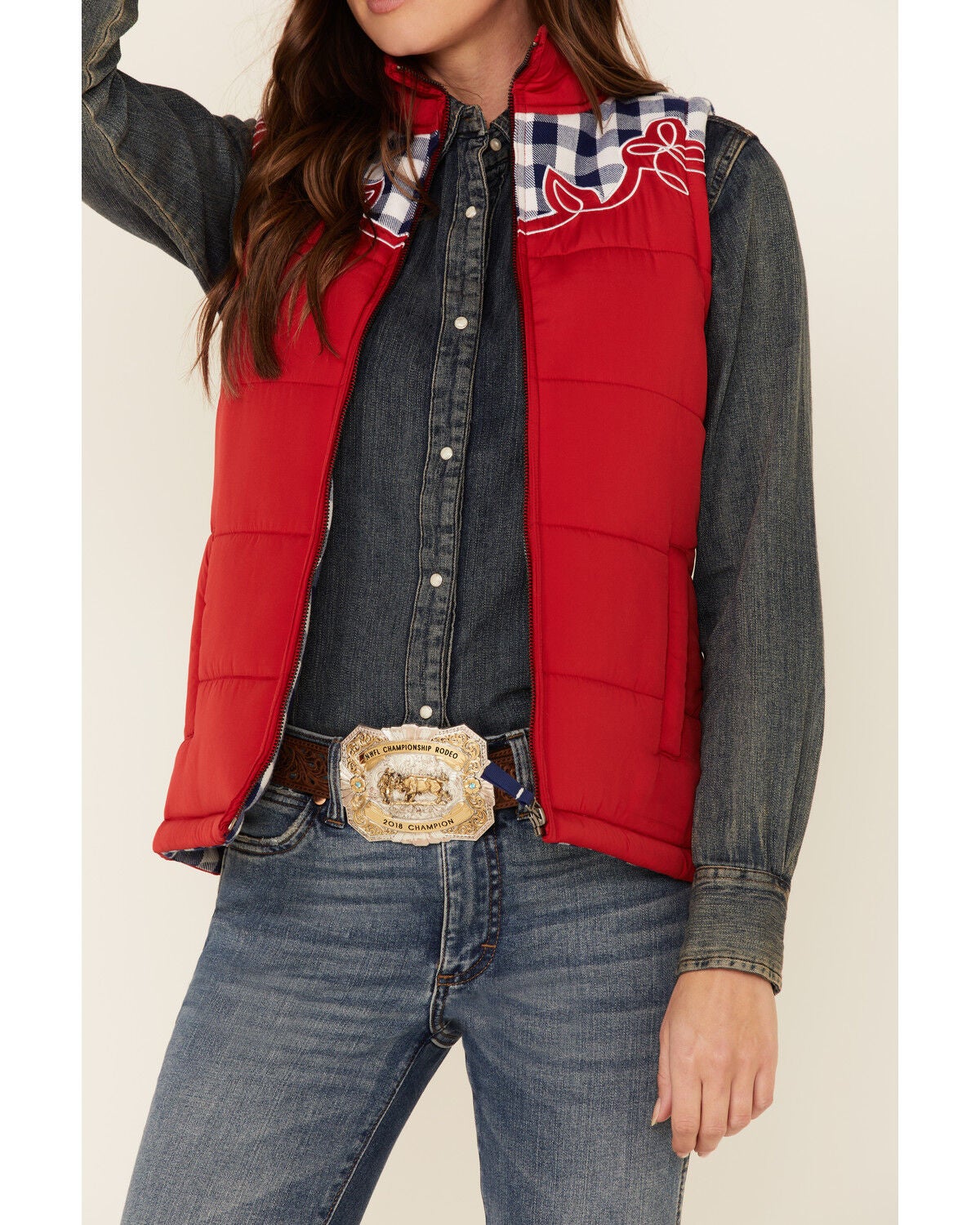 Image #3 - Cruel Girl Women's Red Embroidered Quilted Poly Puffer Vest, , hi-res