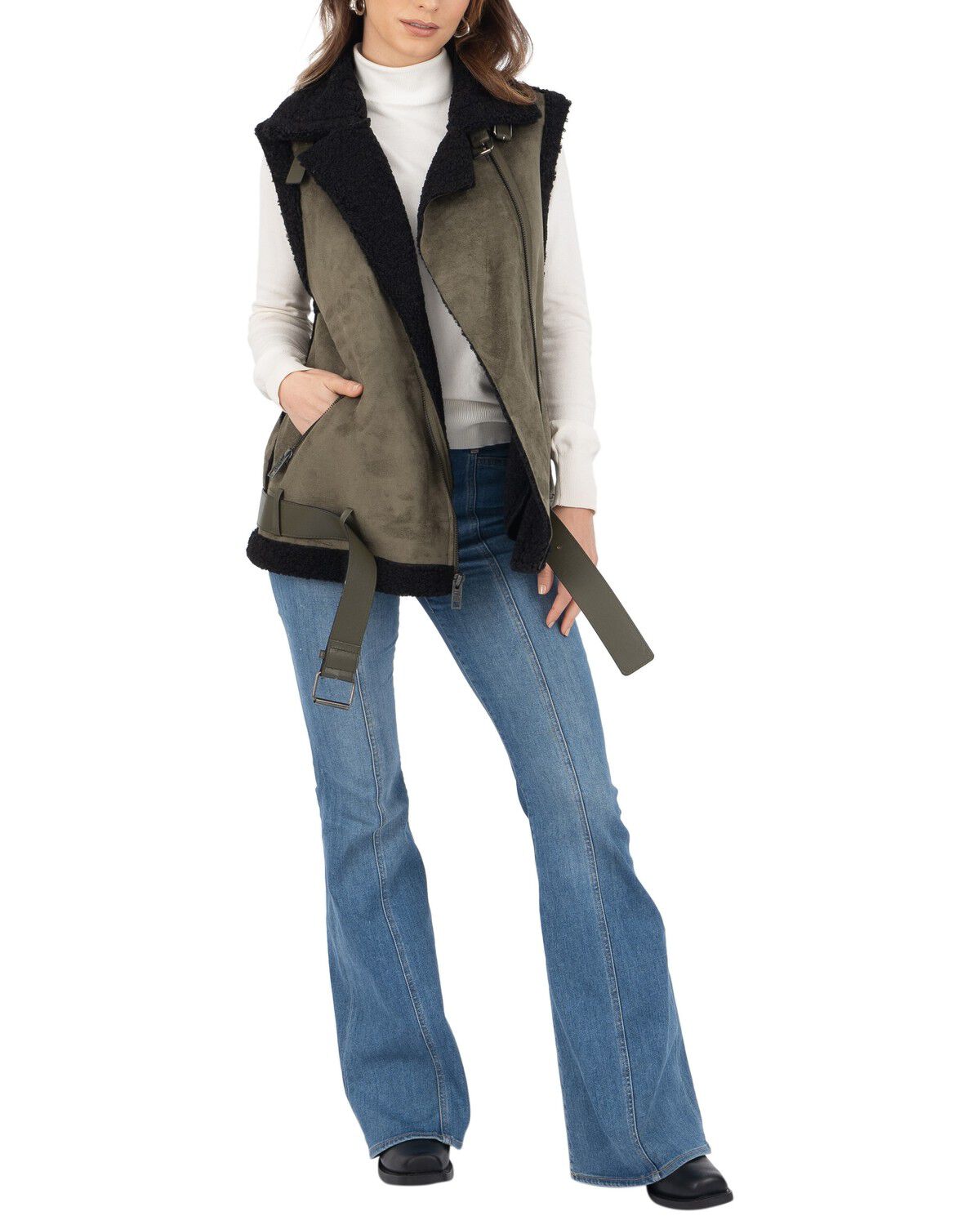 Image #2 - Frye Women's Belted Faux Shearling Vest, Olive, hi-res