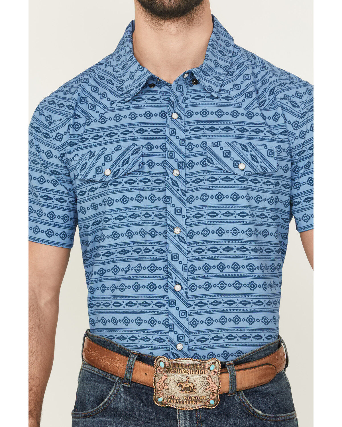 Image #3 - Panhandle Men's Southwestern Print Short Sleeve Snap Performance Western Shirt, Blue, hi-res