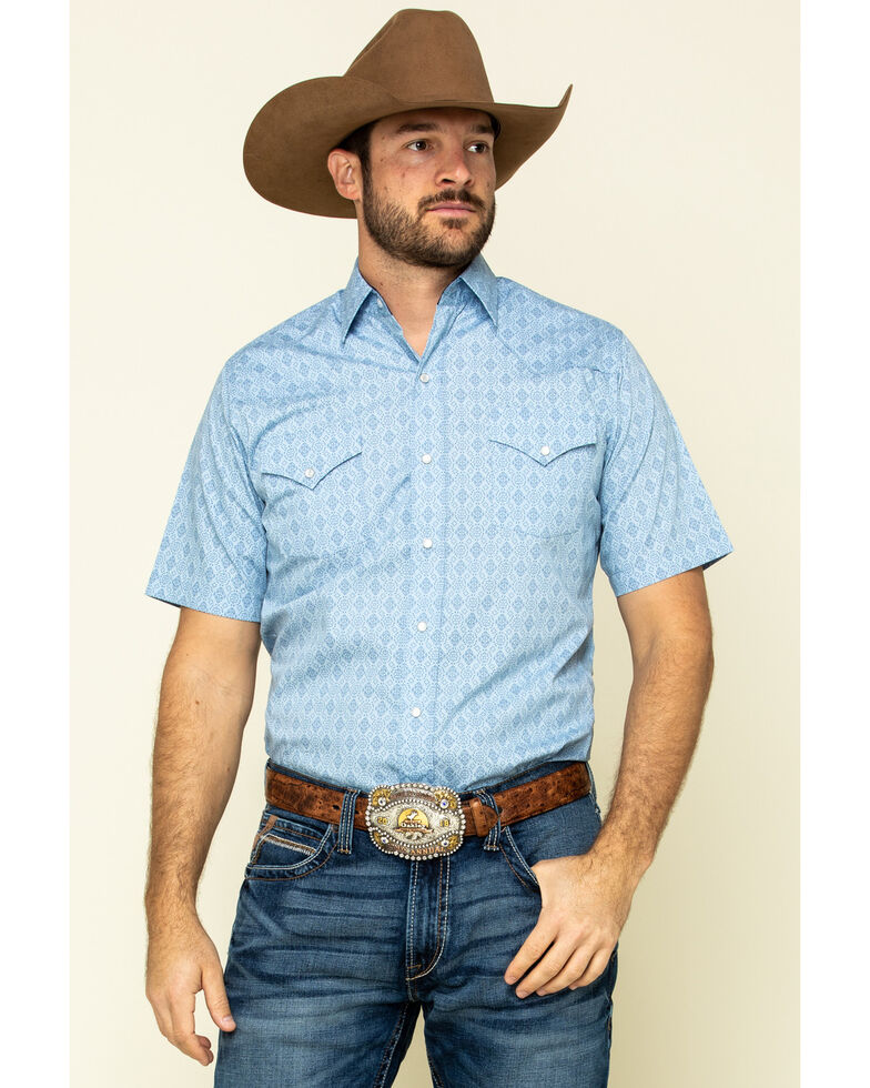 Ely Walker Men's Multi Southwestern Geo Print Short Sleeve Snap Western Shirt , Blue, hi-res