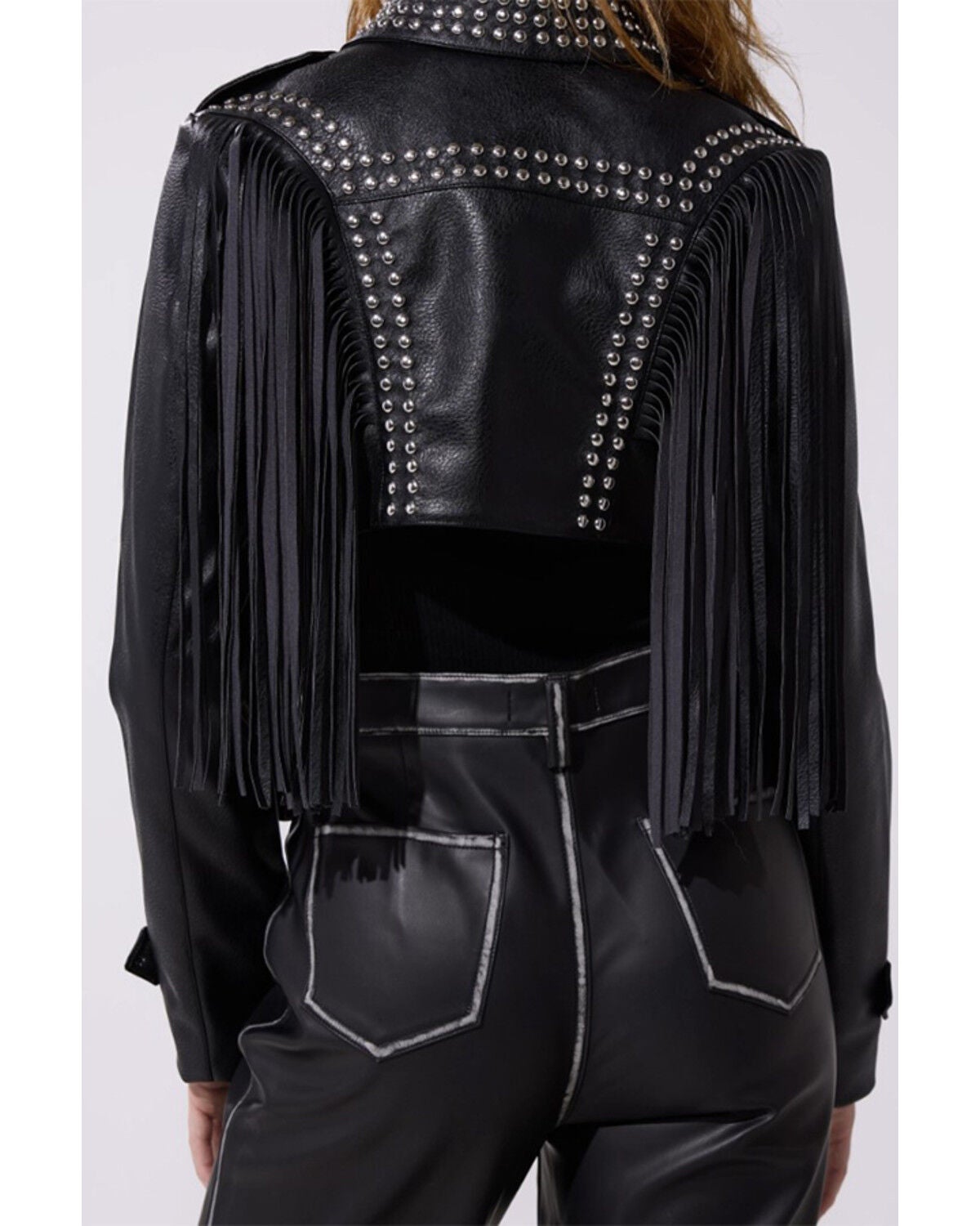 Image #3 - Azalea Wang Women's Faux Leather Studded Fringe Cropped Jacket, Black, hi-res