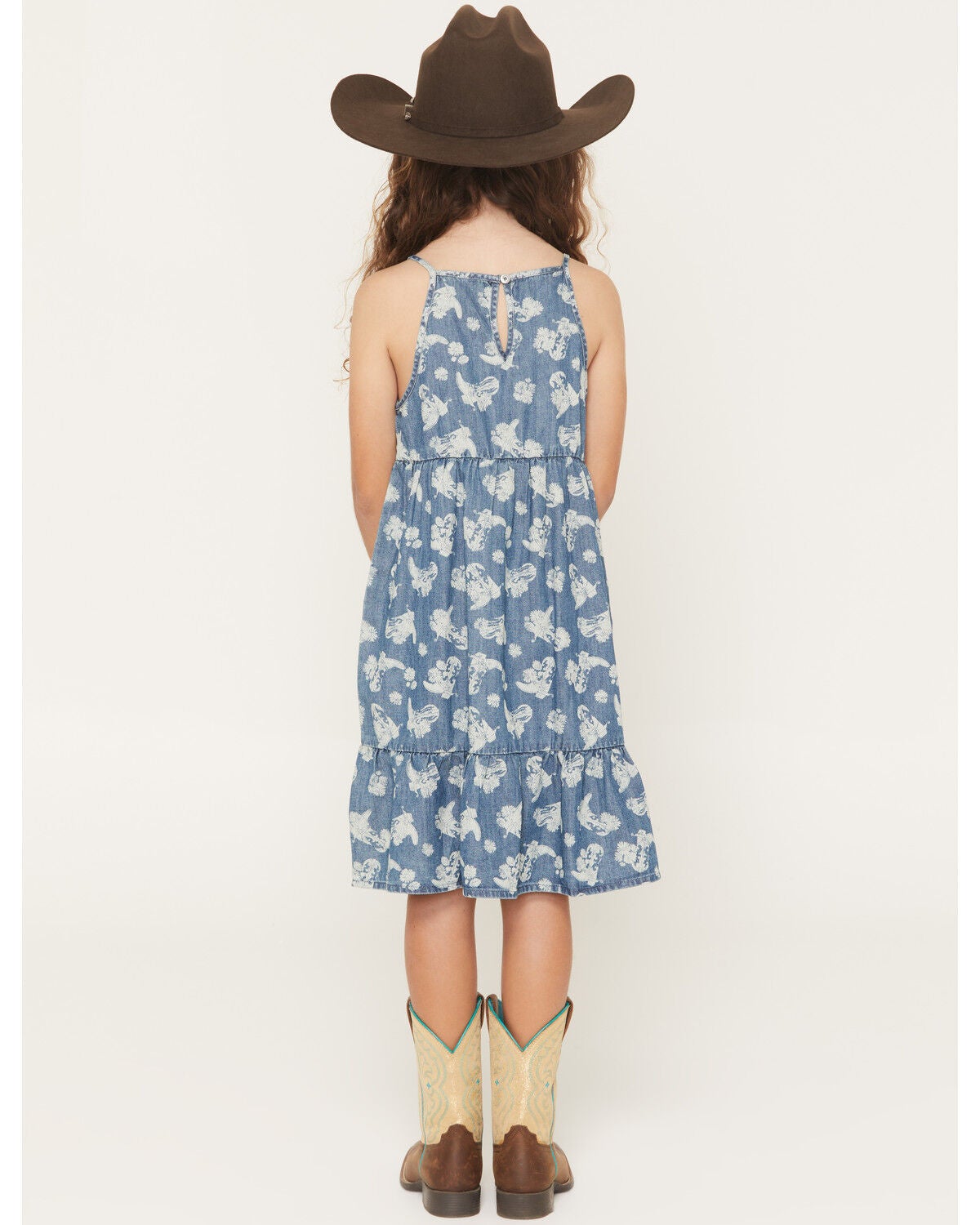 Image #4 - Wrangler Girls' Floral Boot Denim Dress, Blue, hi-res