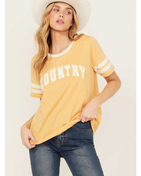 Image #1 - Blended Women's Country Ringer Short Sleeve Graphic Tee, Mustard, hi-res