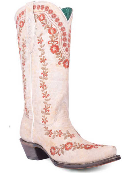 Corral Women's Flowered Embroidery Glow in the Dark Western Boots - Snip Toe, White, hi-res