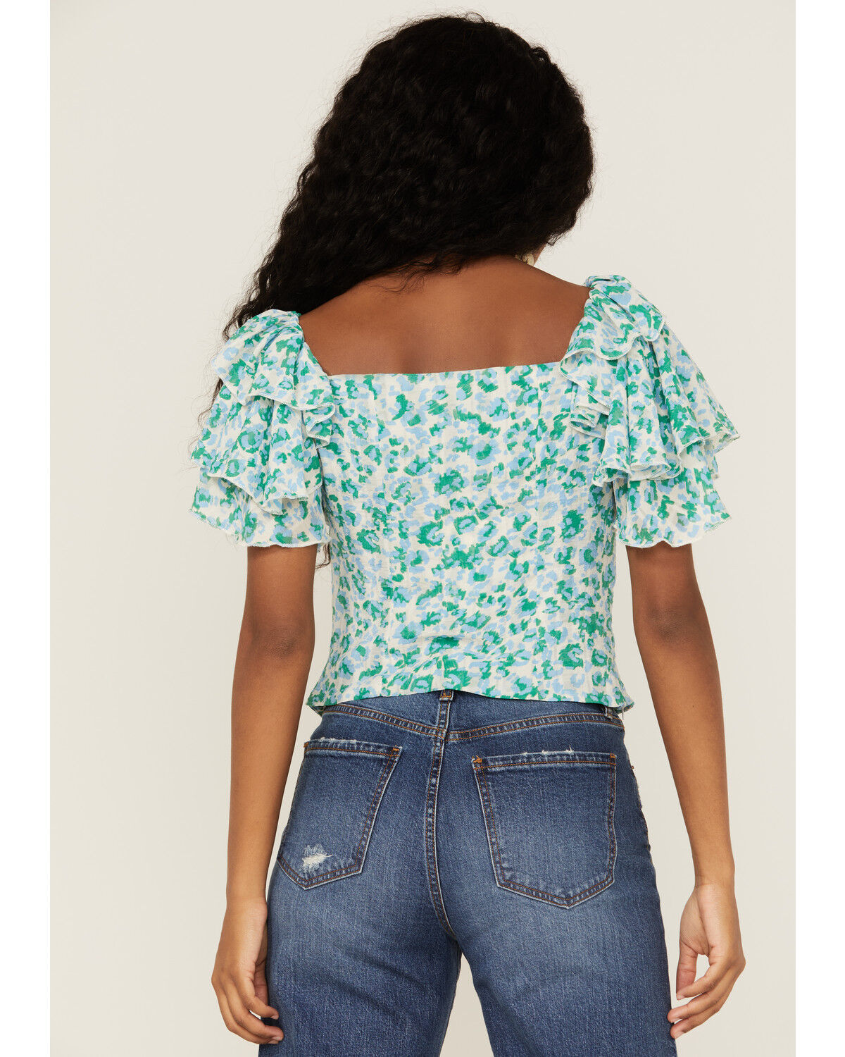 Image #4 - Molly Bracken Women's Floral Pattern Ruffle Sleeve Top, Blue, hi-res