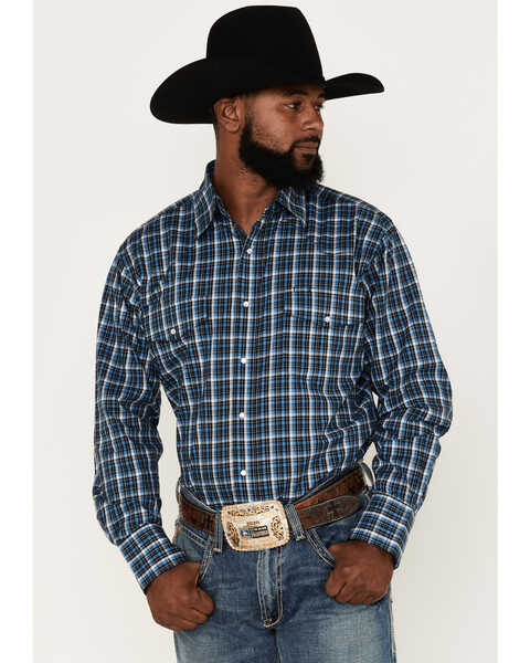 Wrangler Men's Wrinkle Resist Long Sleeve Western Snap Plaid Print Shirt - Big & Tall, Black/blue, hi-res
