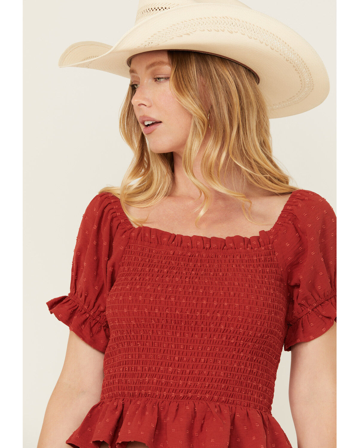 Image #2 - Wild Moss Women's Smocked Short Sleeve Shirt, Rust, hi-res