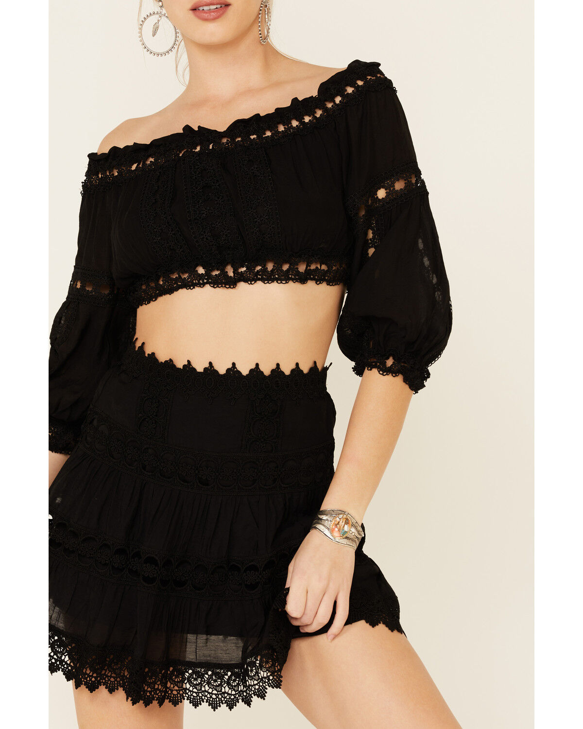 Image #3 - Revel Women's Cropped Off Shoulder Crochet Top, Black, hi-res