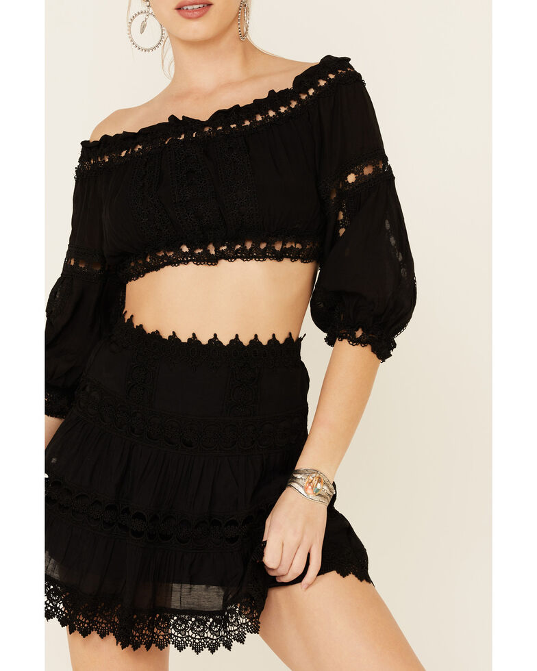 Revel Women's Black Cropped Off Shoulder Crochet Top, Black, hi-res