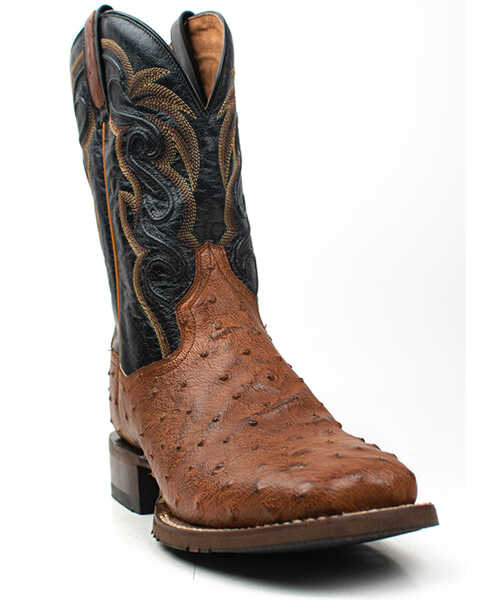 Dan Post Men's 11" Bay Apache Hand Quill Ostrich Exotic Western Boots - Broad Square Toe, Dark Brown, hi-res