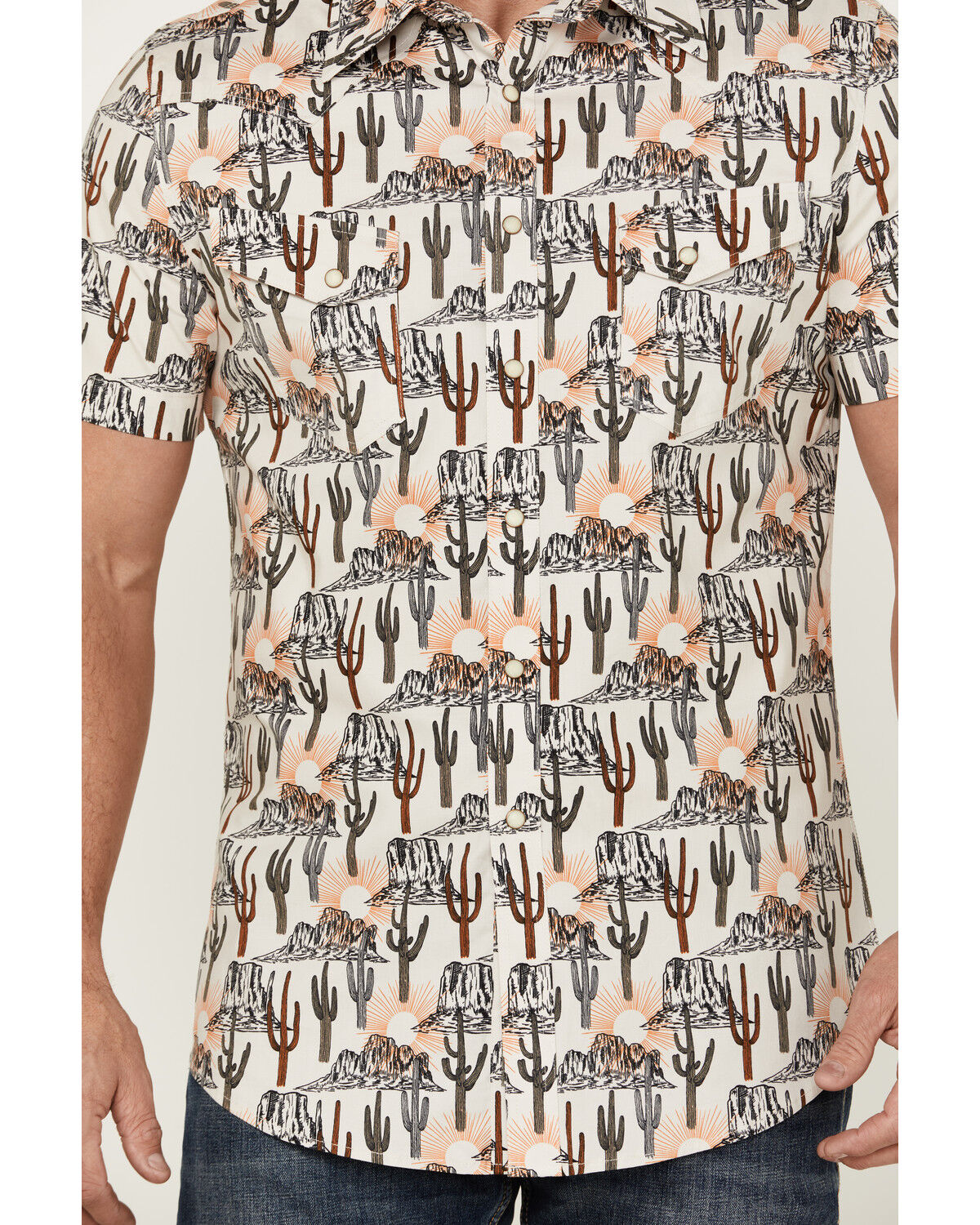 Image #3 - Rock & Roll Denim Men's Cactus Desert Print Short Sleeve Pearl Snap Stretch Western Shirt, Cream, hi-res