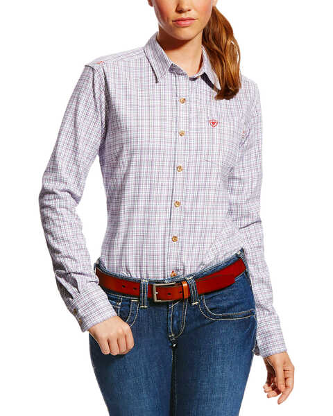Ariat Women's FR Marion Plaid Print Long Sleeve Button Down Work Shirt, Purple, hi-res