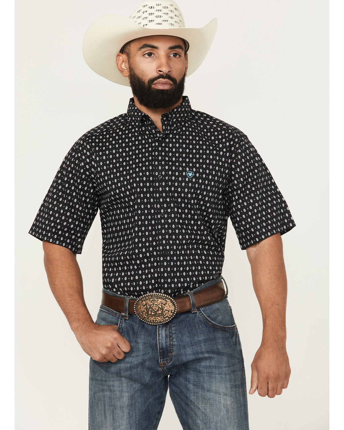 Image #1 - Ariat Men's Steele Geo Print Short Sleeve Button-Down Western Shirt, Black, hi-res