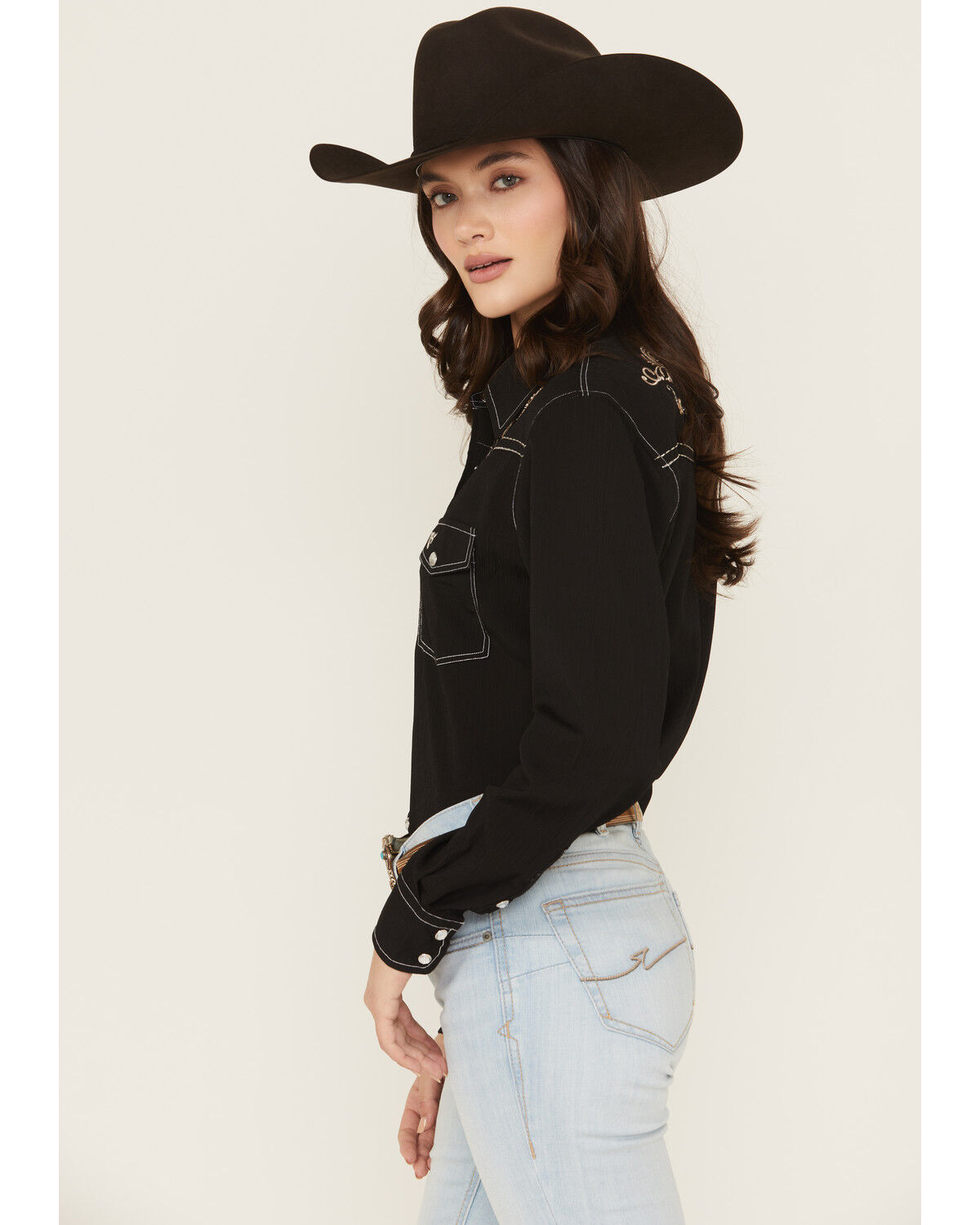 Image #2 - Cowgirl Hardware Women's Floral Embroidered Long Sleeve Snap Western Shirt, Black, hi-res