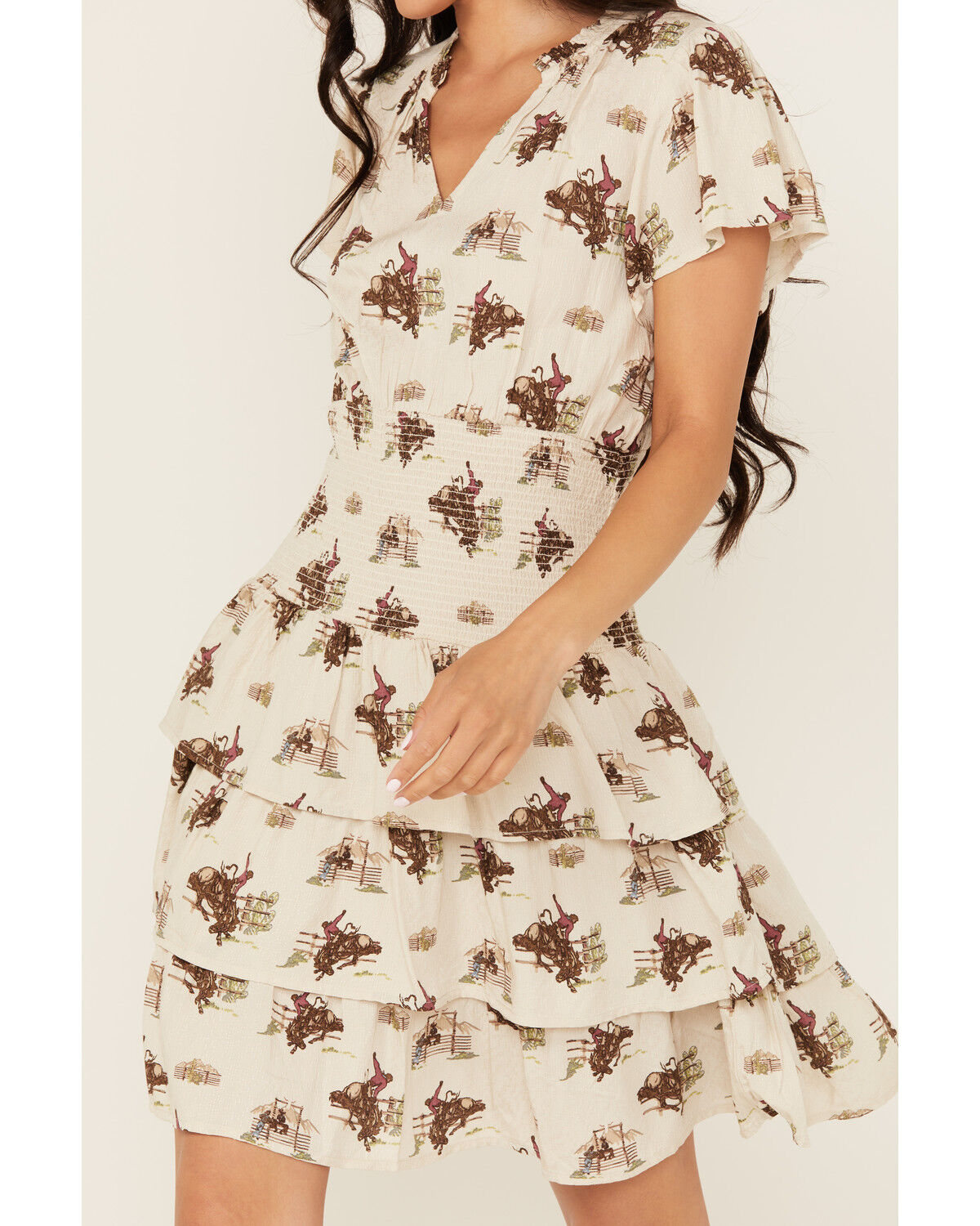 Image #3 - Ariat Women's Stellar Conversational Print Tiered Short Sleeve Mini Dress, Sand, hi-res
