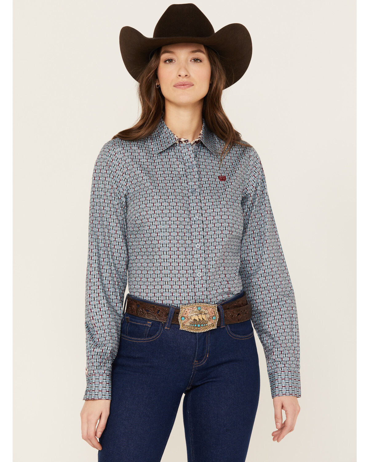Image #1 - Cinch Women's Southwestern Long Sleeve Button-Down Western Shirt, Light Blue, hi-res