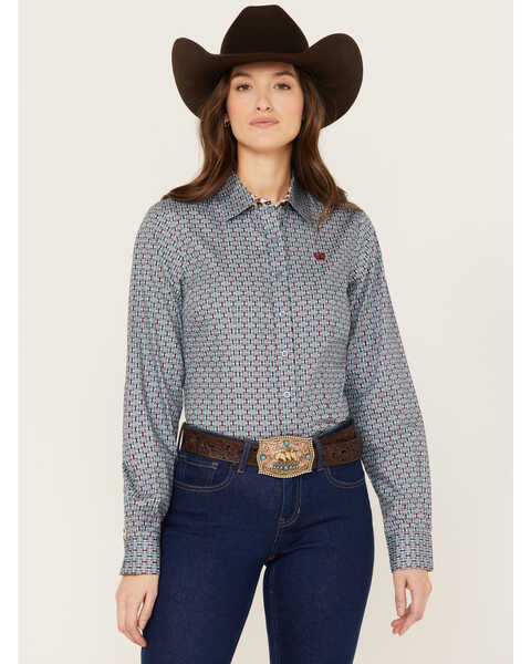 Cinch Women's Southwestern Long Sleeve Button-Down Western Shirt, Light Blue, hi-res