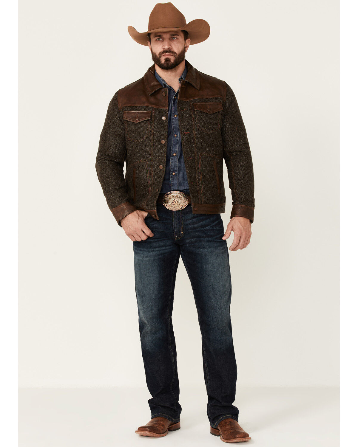 Image #2 - Scully Men's Vintage Herringbone Leather Trim Button-Front Jacket, , hi-res