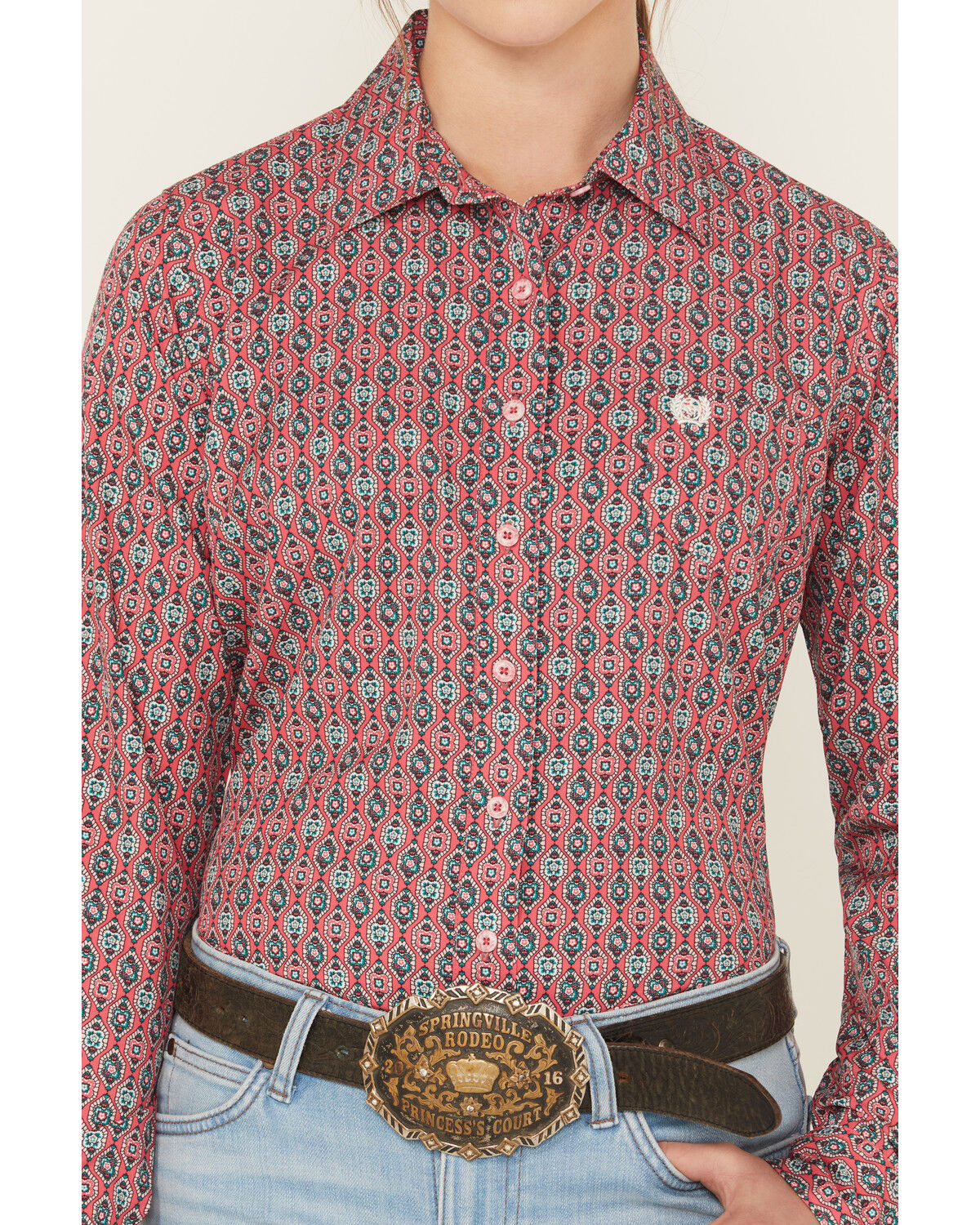 Image #3 - Cinch Women's Geo Print Long Sleeve Button-Down Western Shirt, Pink, hi-res
