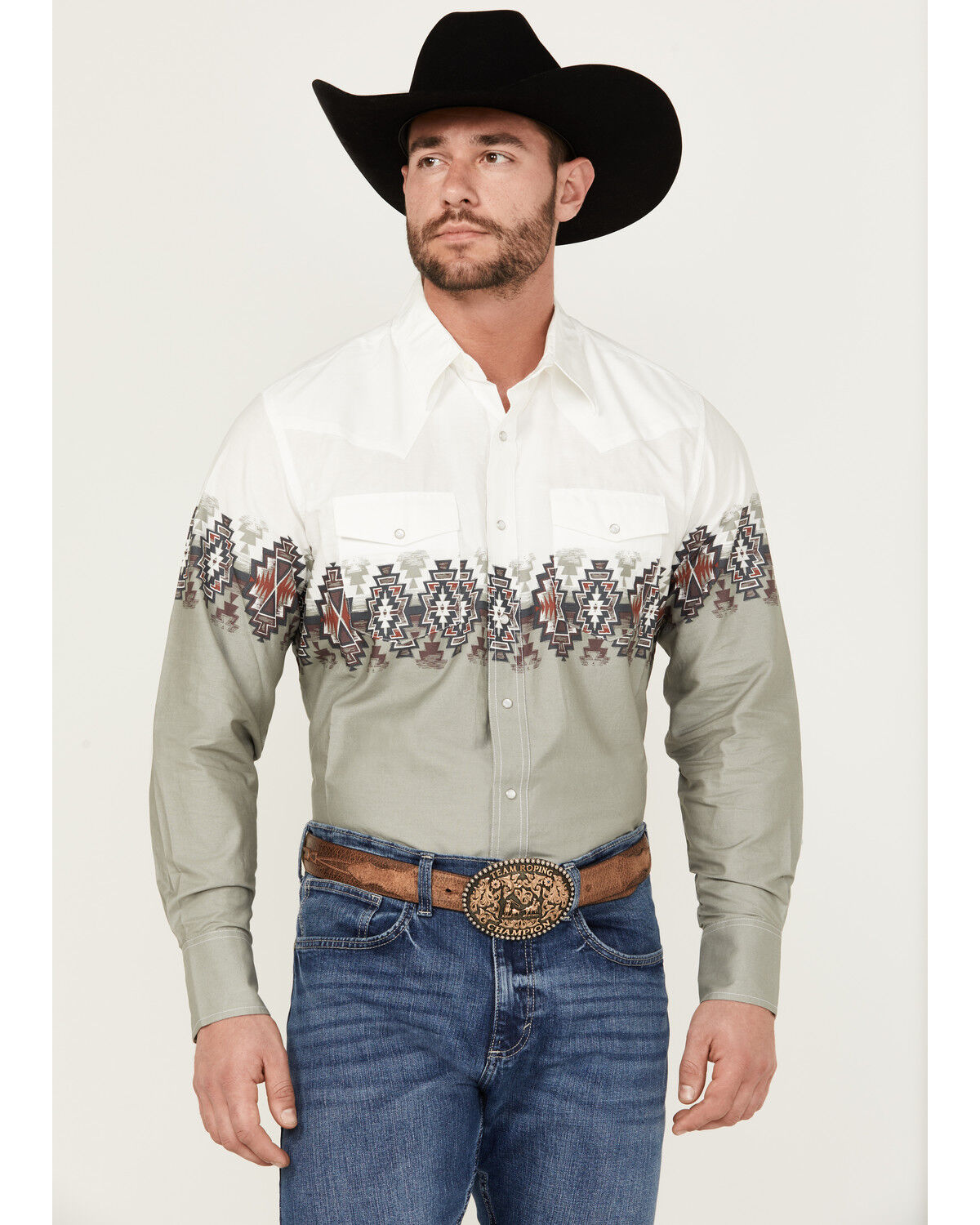Image #1 - Wrangler Men's Checotah Border Print Long Sleeve Pearl Snap Western Shirt, White, hi-res