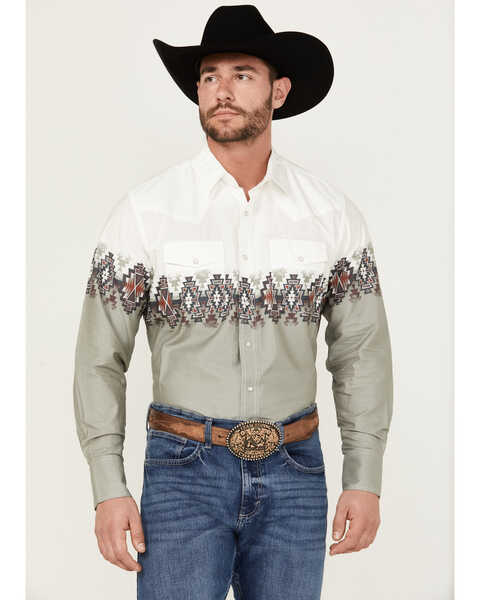 Wrangler Men's Checotah Border Print Long Sleeve Pearl Snap Western Shirt , White, hi-res