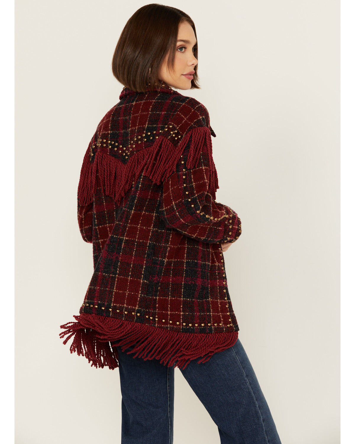 Image #4 - Vocal Women's Tweed Plaid Fringe Jacket, Red, hi-res