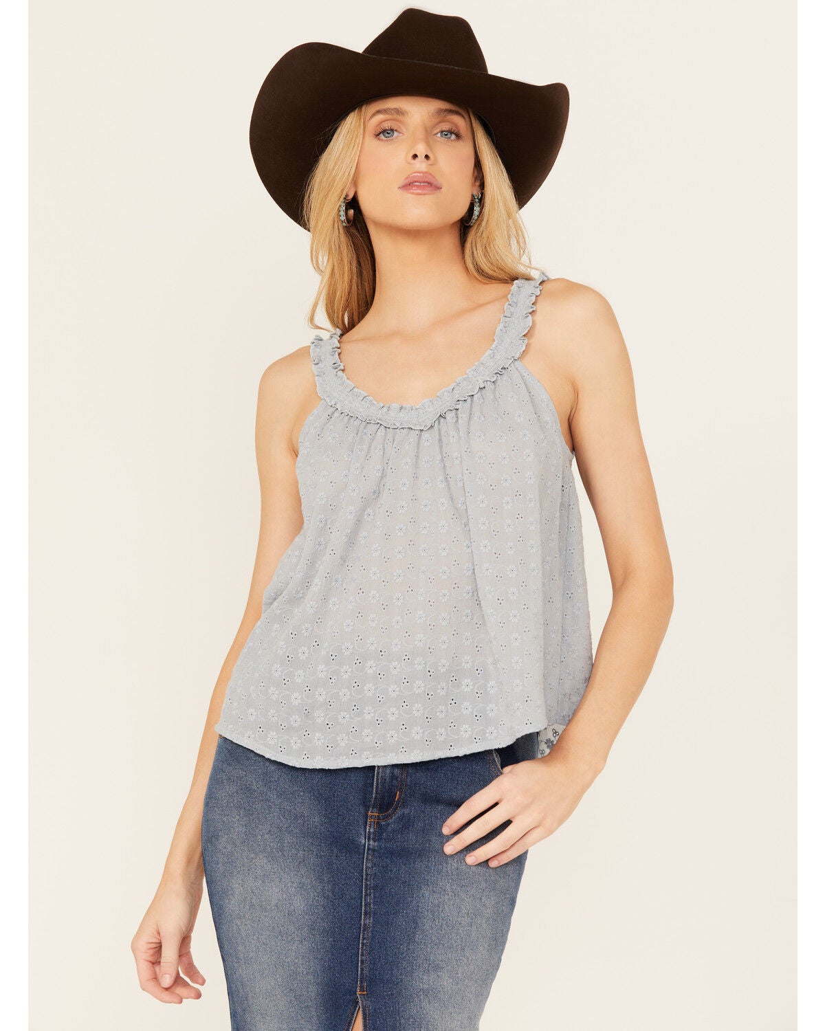 Eyeshadow Women's Eyelet V Neck Tank, Light Blue, hi-res