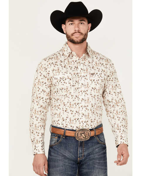Panhandle Select Men's Floral Print Long Sleeve Snap Western Shirt, Cream, hi-res