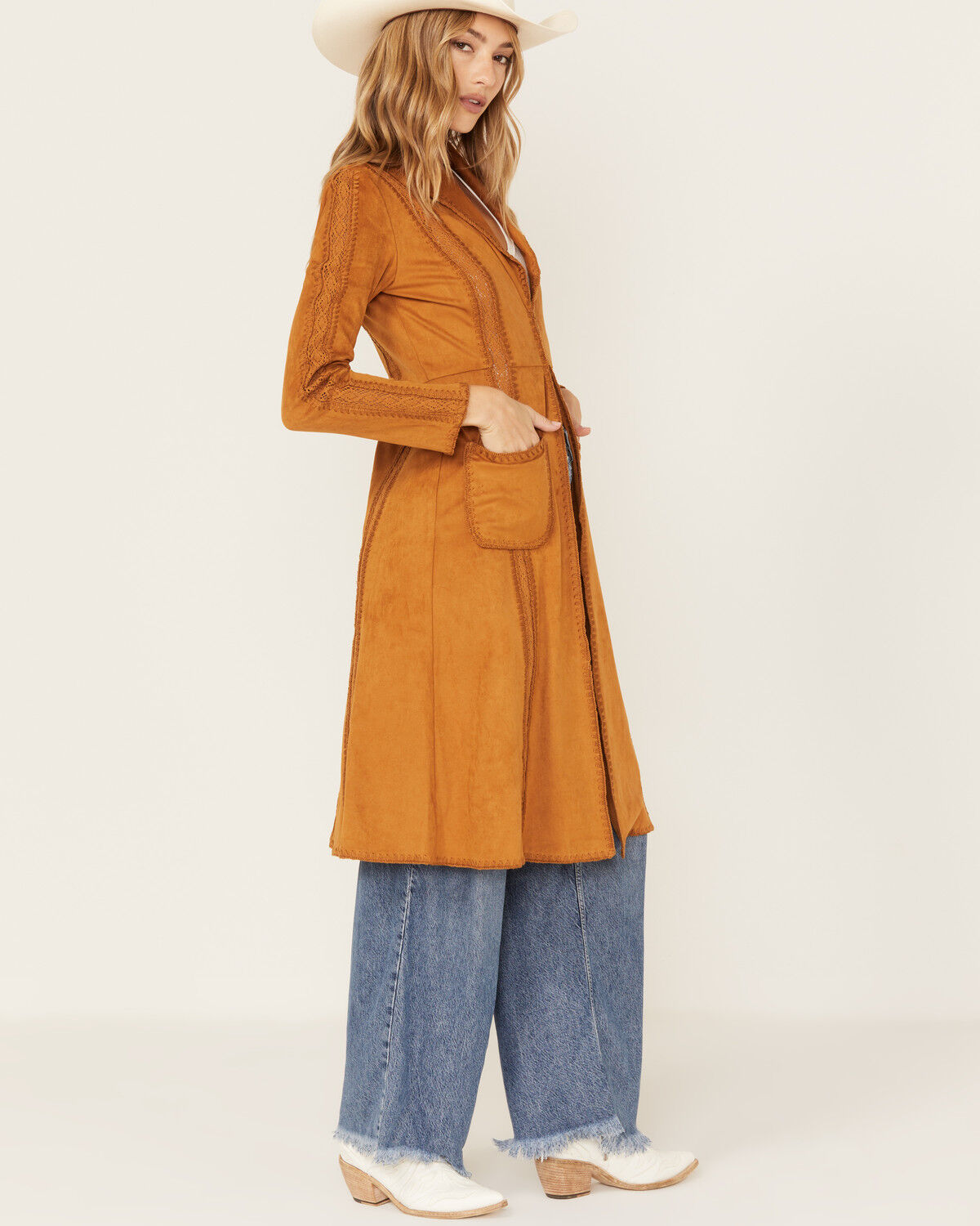 Image #4 - Shyanne Women's Faux Suede Crochet Duster Jacket, Caramel, hi-res