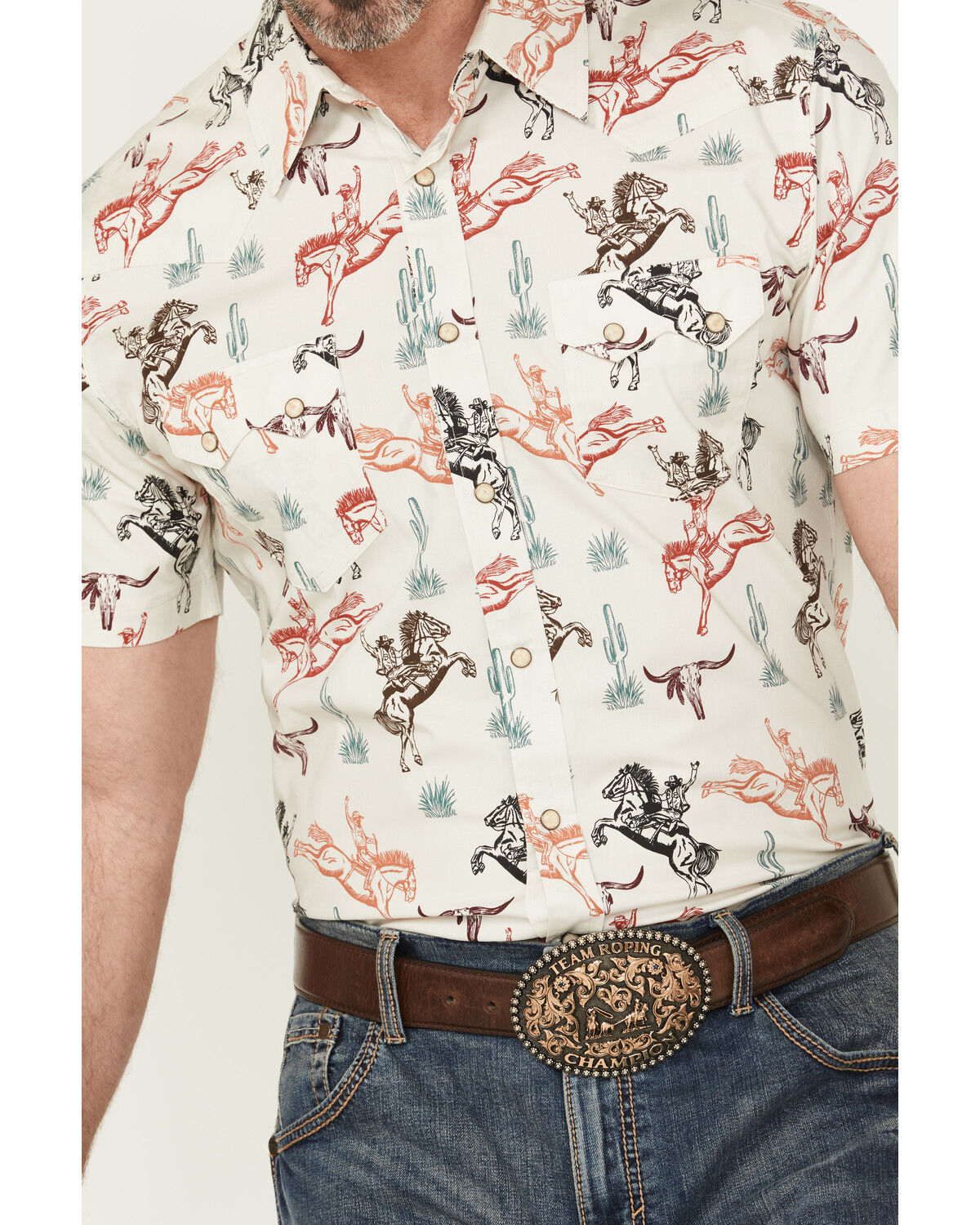 Image #3 - Rock & Roll Denim Men's Bronc Print Short Sleeve Snap Stretch Western Shirt, Natural, hi-res
