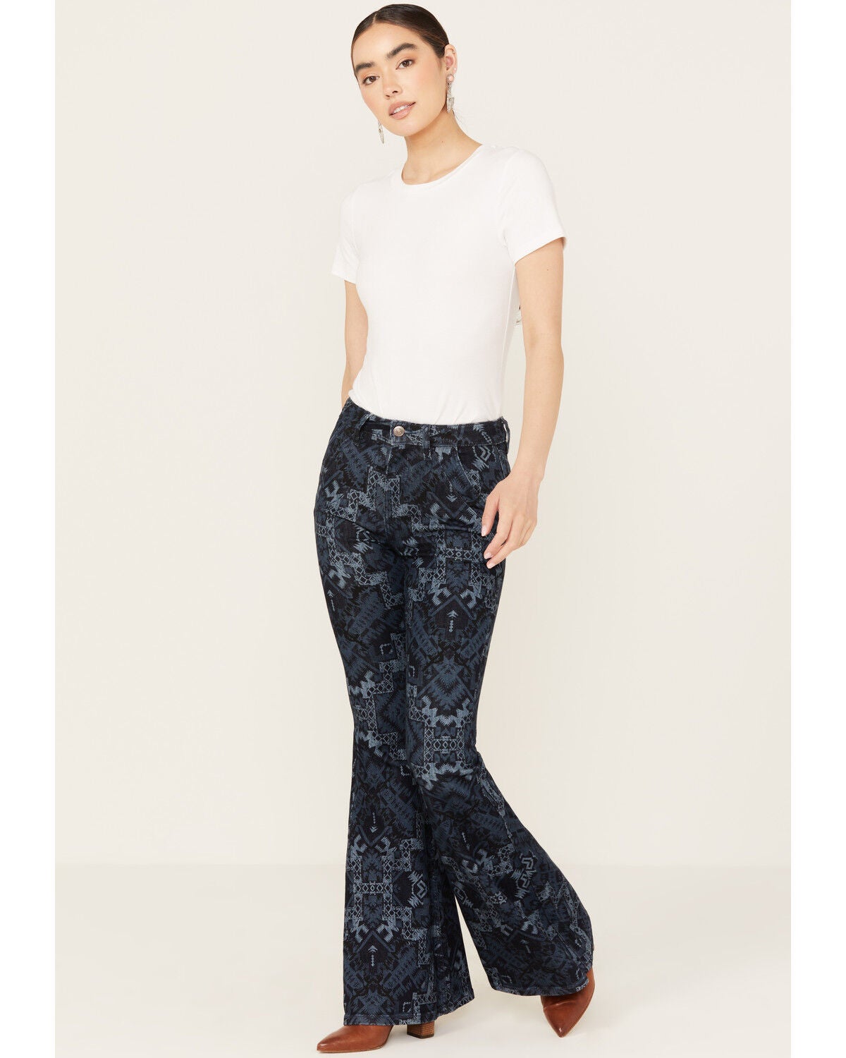 Shyanne Women's Dark Wash High Rise Printed Stretch Flare Jeans, Dark Wash, hi-res
