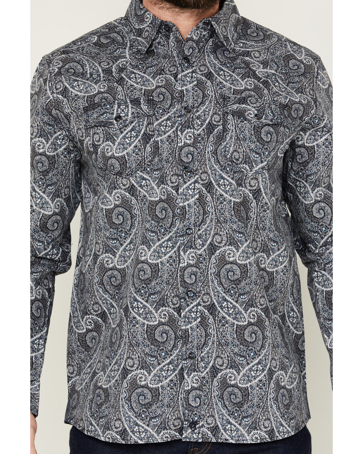 Image #3 - Moonshine Spirit Men's Crossing Paisley Print Long Sleeve Pearl Snap Western Shirt, Navy, hi-res