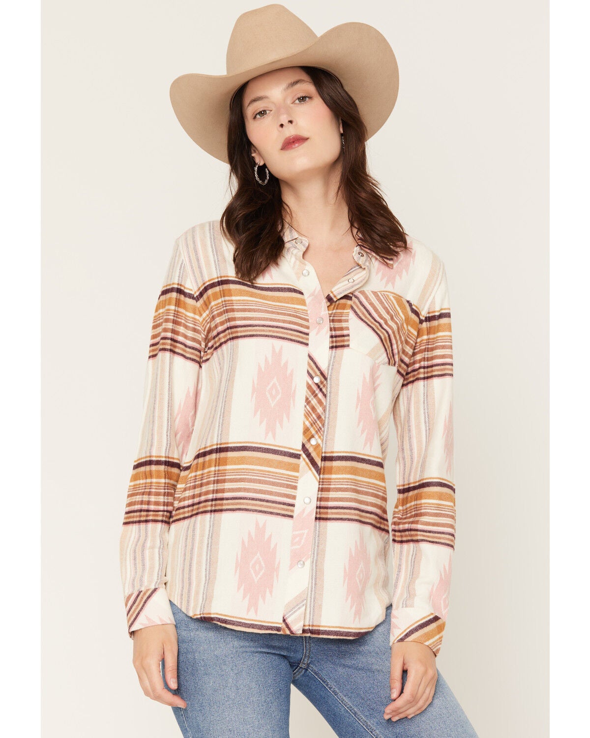 Idyllwind Women's Mayfair Southwestern Plaid Print Long Sleeve Pearl Snap Flannel Shirt, Wine, hi-res