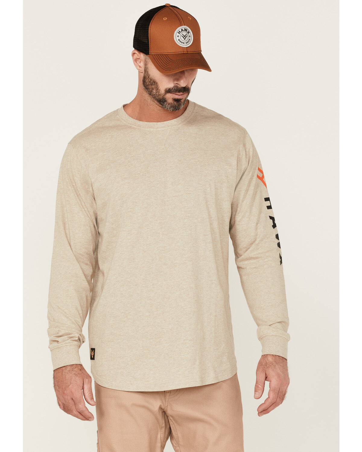 Image #1 - Hawx Men's Logo Graphic Long Sleeve Work T-Shirt - Taupe, , hi-res