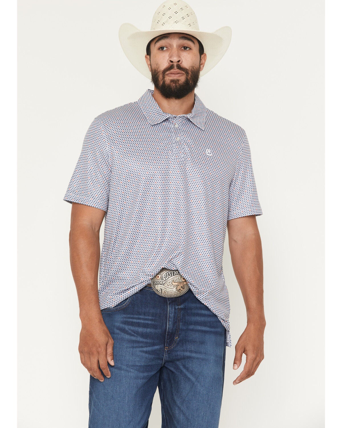 Image #1 - Panhandle Slim Men's Texas Print Short Sleeve Pearl Snap Performance Polo, Navy, hi-res