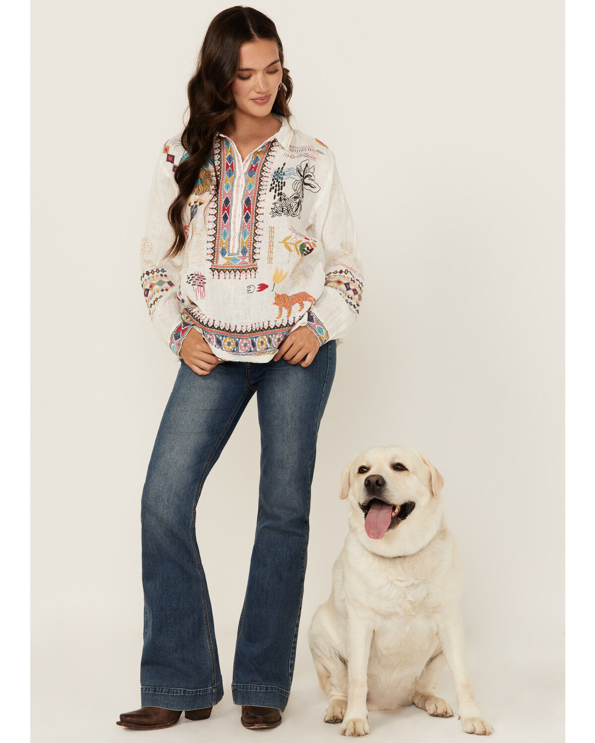 Image #1 - Johnny Was Women's Embroidered Conversation Print Long Sleeve Blouse, White, hi-res