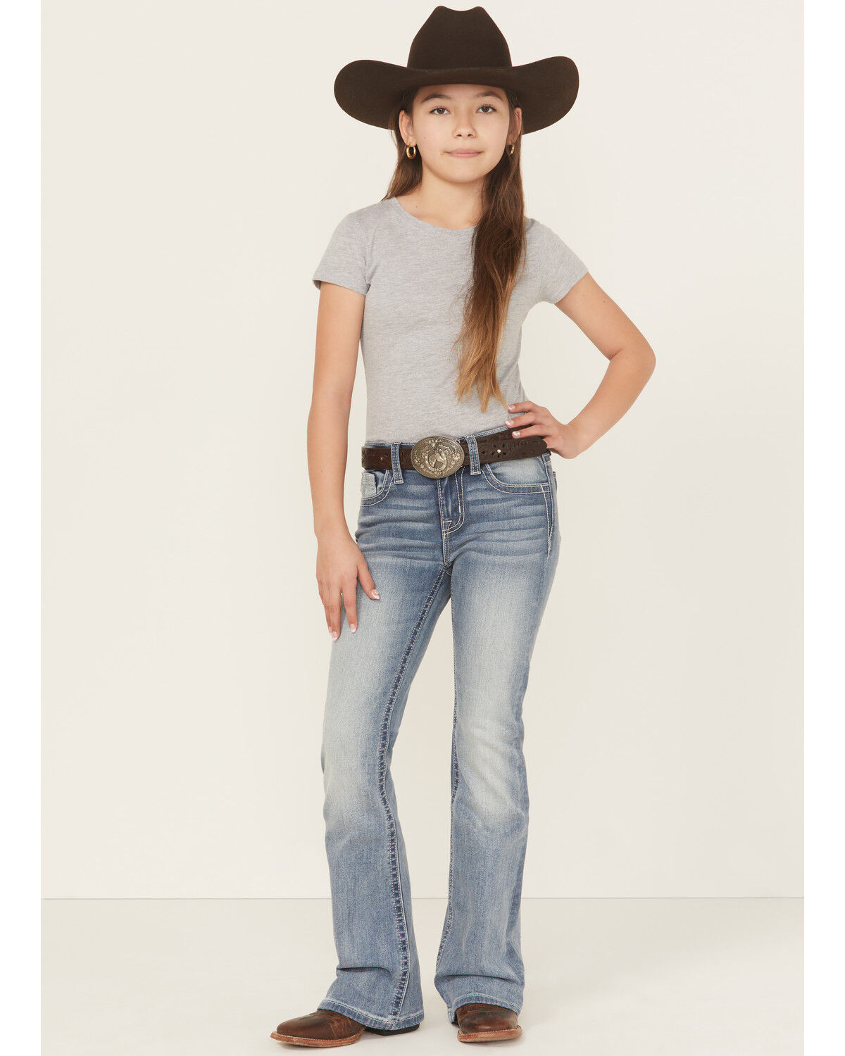 Image #3 - Miss Me Girls' Criss Cross Dark Wash Bootcut Stretch Denim Jeans, Medium Wash, hi-res