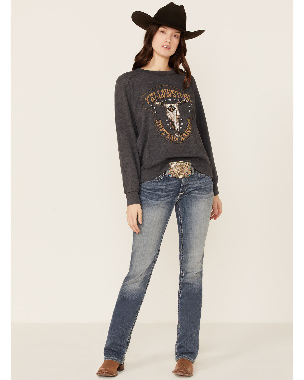 Image #4 - Paramount Network's Yellowstone Women's Charcoal Mineral Wash Steerhead Graphic Raglan Sweatshirt, , hi-res