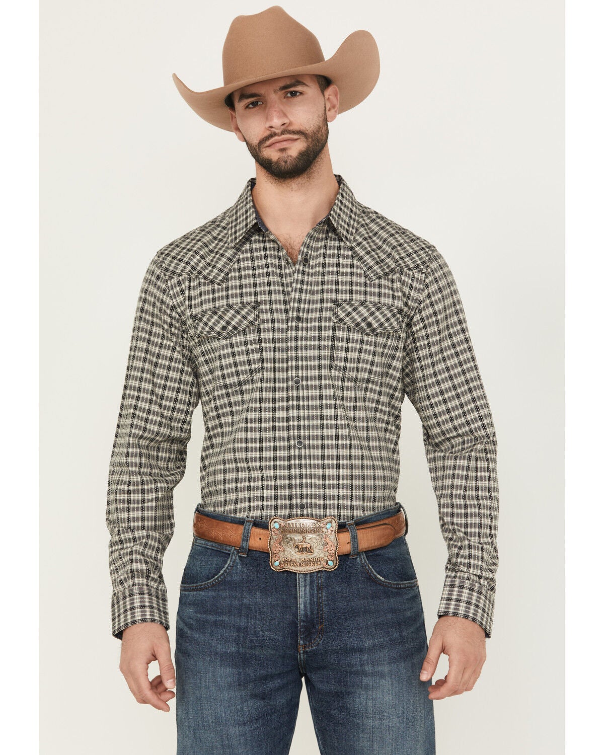 Moonshine Spirit&reg; Men's High Strung Dobby Plaid Print Long Sleeve Snap Western Shirt, Navy, hi-res