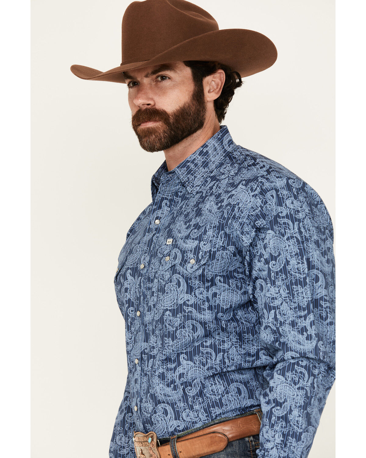 Image #2 - Ely Walker Men's Tonal Paisley Print Long Sleeve Snap Stretch Western Shirt, Blue, hi-res