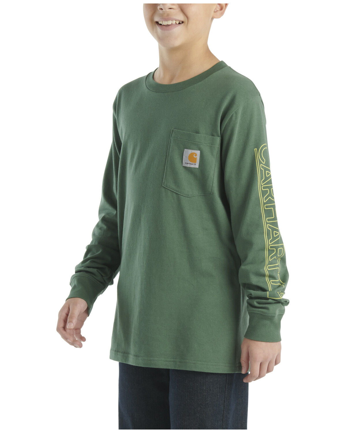 Image #2 - Carhartt Boys' Solid Logo Long Sleeve Pocket T-Shirt, Green, hi-res