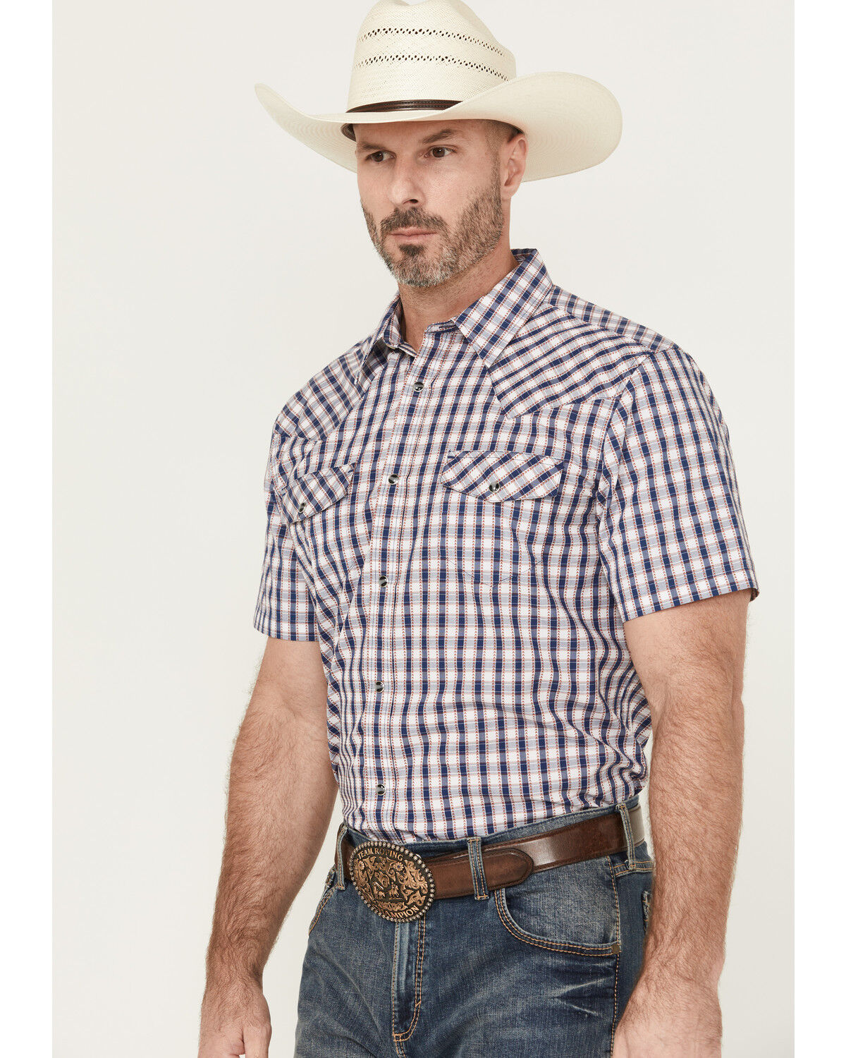 Image #2 - Gibson Trading Co Men's Pointed Arrow 2 Plaid Print Short Sleeve Snap Stretch Western Shirt, White, hi-res