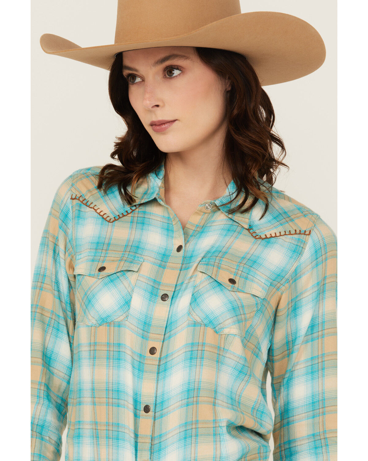 Image #2 - Ariat Women's Plaid Print Long Sleeve Snap Western Shirt, Tan, hi-res