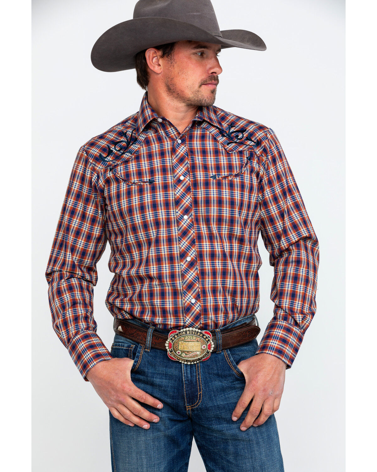Image #1 - Roper Men's Fancy Small Plaid Embroidered Long Sleeve Western Shirt, , hi-res