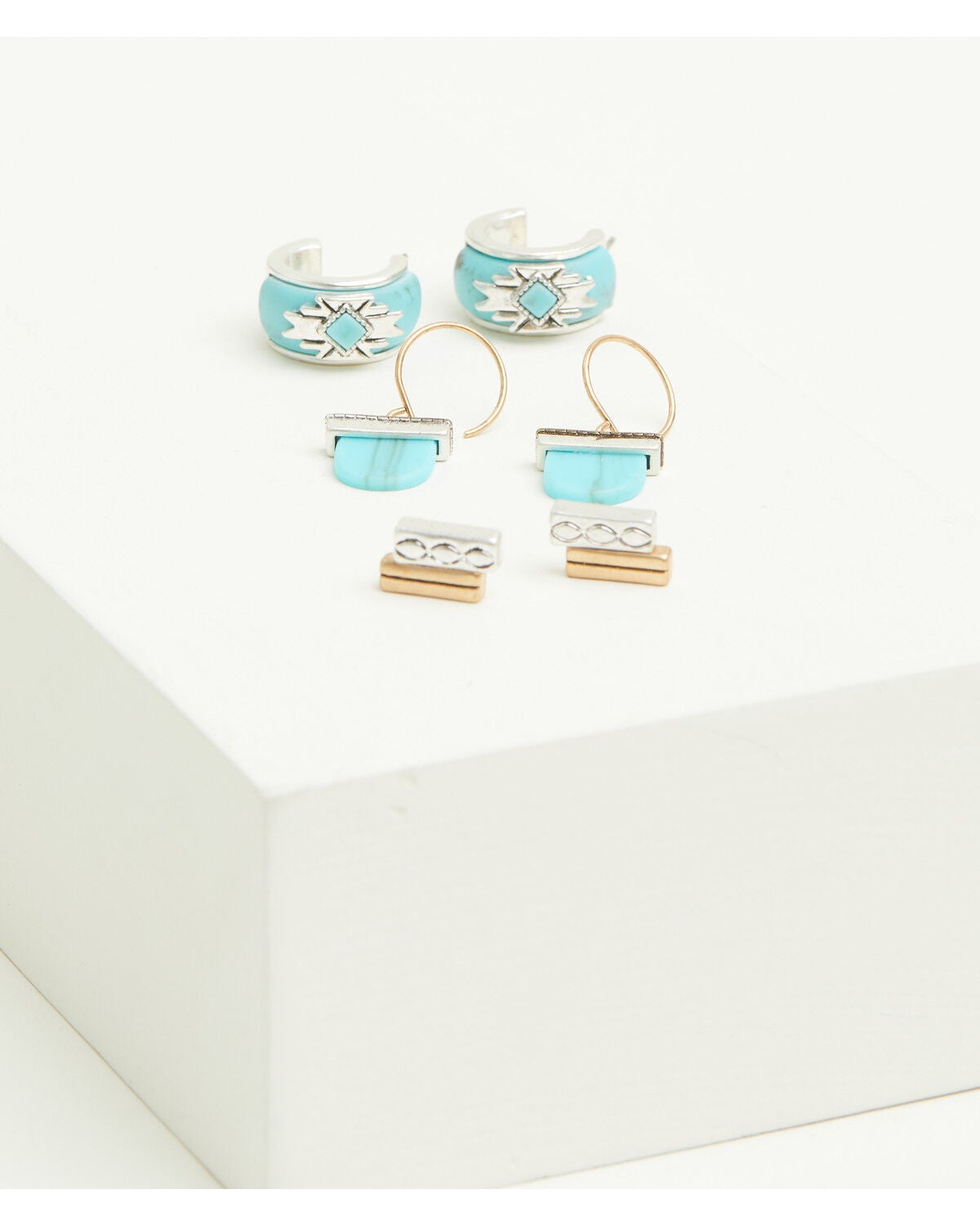 Lainey Wilson Women's Geo Pattern Stone Trio Earring Set - 3 Piece, Gold, hi-res