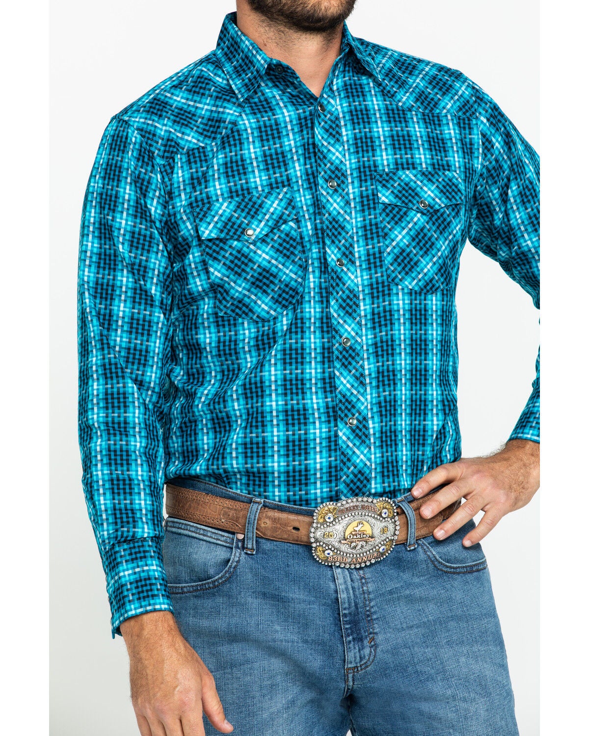 Image #4 - Wrangler Silver Edition Men's Teal Checotah Geo Print Long Sleeve Western Shirt, , hi-res