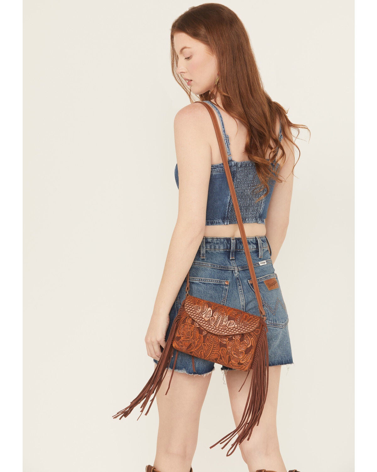 Shyanne Women's Wrenlee Tooled Underlay Crossbody Bag, Chestnut, hi-res
