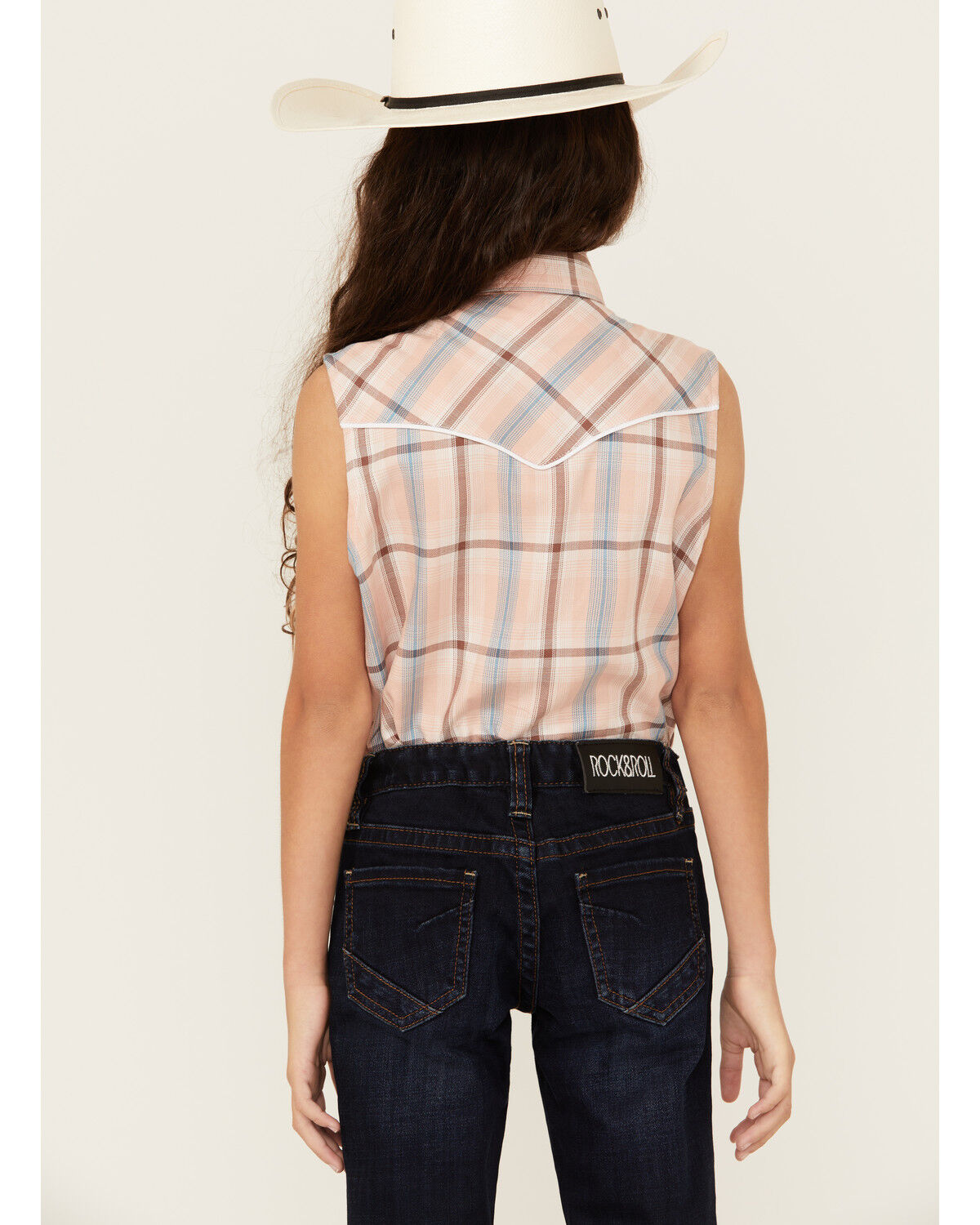 Image #4 - Cumberland Outfitters Girls' Plaid Print Sleeveless Pearl Snap Western Shirt, Peach, hi-res