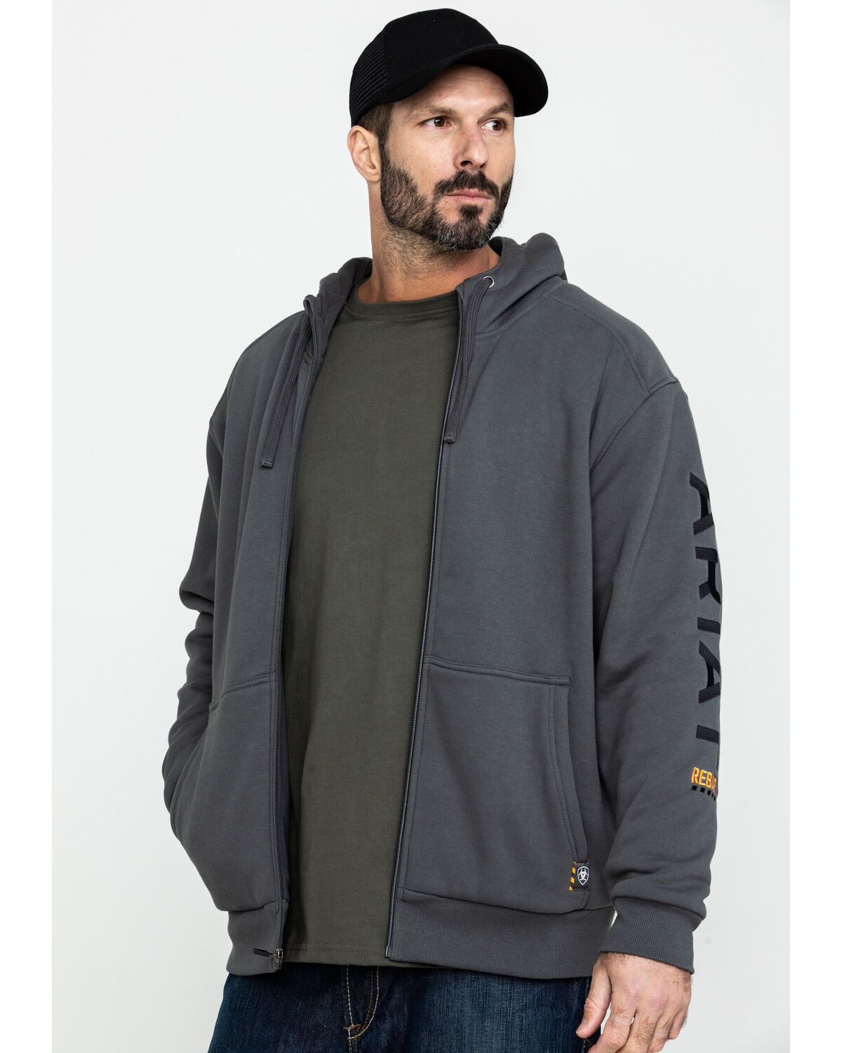 Image #1 - Ariat Men's Rebar All-Weather Full Zip Work Hooded Sweatshirt, Grey, hi-res